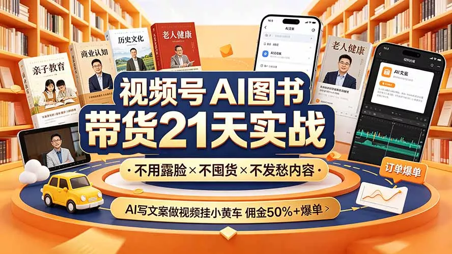 视频号AI图书带货21天实战：不用露脸×不囤货×不发愁内容，AI写文案做视频挂小黄车，佣金50%+爆单 - 项目资源网